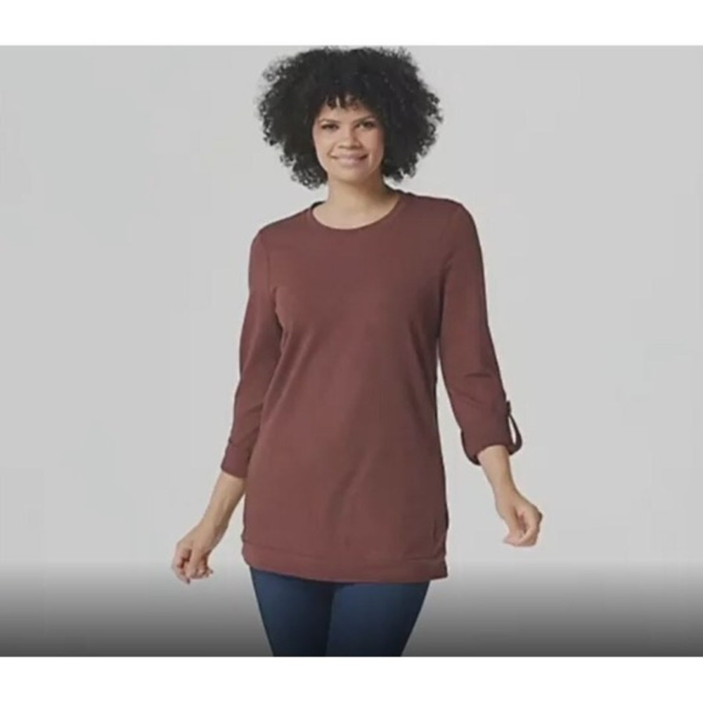 Denim & Co. Active Petite French Terry 3/4-Sleeve Tunic‎ Shirt 5XL Raisin Brown